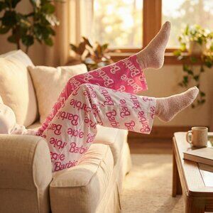 Barbie Womens Large Pajama Pants Pink White Split Logo Sleepwear Lounge Cozy Y2K